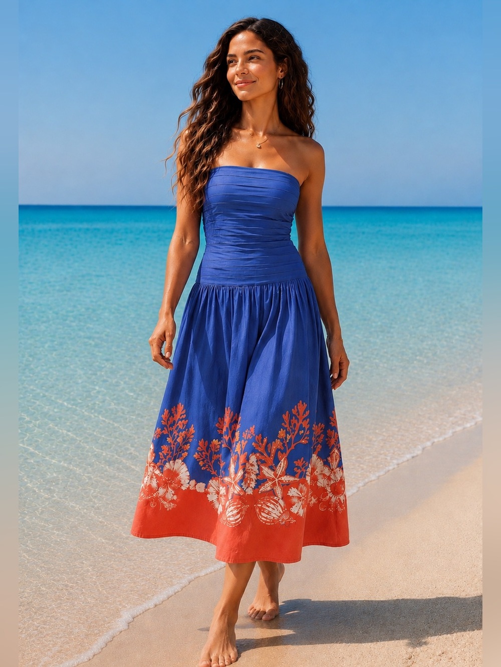 Camila Coelho Strapless Drop Waist Midi Dress Blue Coral Seahorses Coastal NWT M